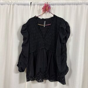 By Anthropologie Ruched-Sleeve Smocked Blouse Size XL